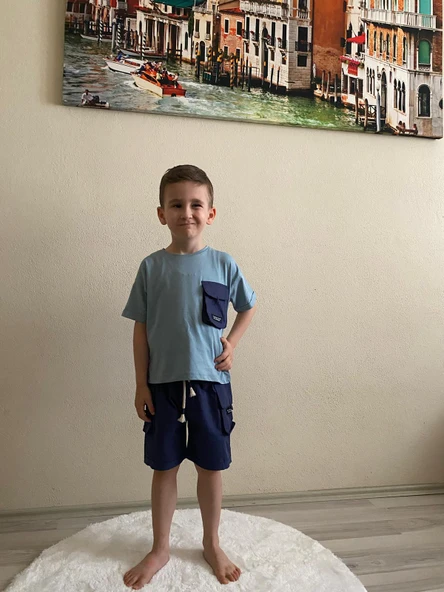 Cg Kids Lacivert Kargo Cep Şort Detaylı Kaliteli Kumaş Erkek Çocuk Alt Üst Takım