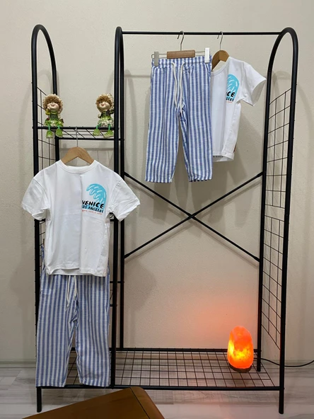 Cg Kids Ince Keten Çizgili Üst Pamuklu Sırt Baskı Detaylı Mükemmel Kaliteli Erkek Çocuk Alt Üst Takım - 5