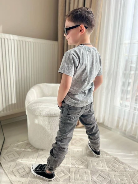 Cg Kids Yıkamalı Kabartma Baskı Bb Lastikli Paça Eskitme Jean Erkek Çocuk Alt Üst Takım - 5