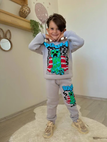 Cg Kids Minecraft Baskılı 3 Iplik Şardonlu Içi Pamuklu Erkek Çocuk Alt Üst Süper Tarz Takım - Resim 2