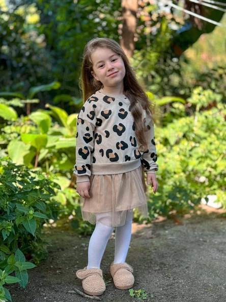 Leopar Desenli Kız Çocuk Tütü Etek Görünüm Üst Penye Mükemmel Kumaş Elbise - 3