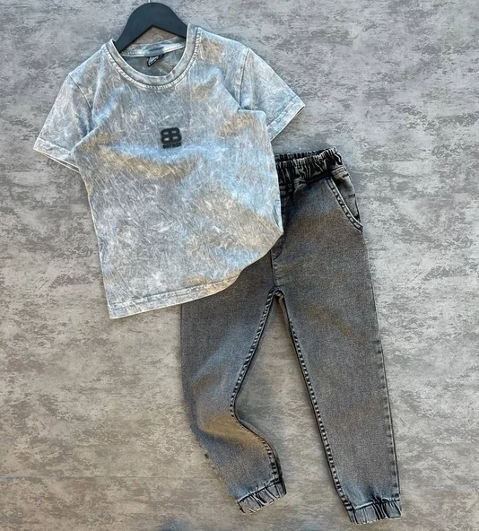 Cg Kids Yıkamalı Kabartma Baskı Bb Lastikli Paça Eskitme Jean Erkek Çocuk Alt Üst Takım - 4