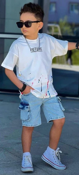 Cg Kids Future Baskı Basic Mavi Komando Cepli Şort Erkek Çocuk Alt Üst Takım