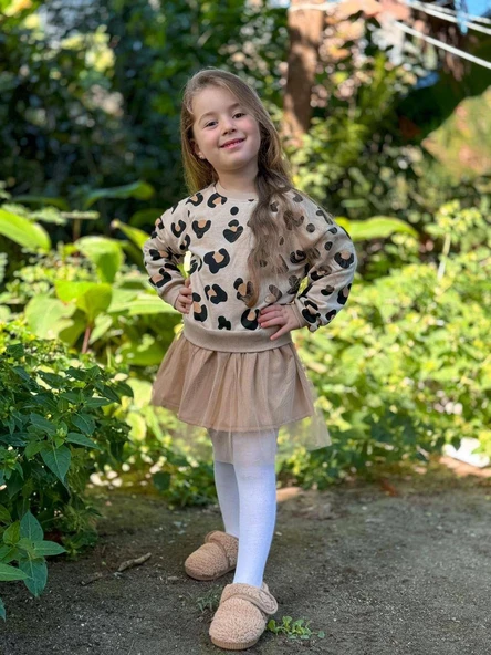 Leopar Desenli Kız Çocuk Tütü Etek Görünüm Üst Penye Mükemmel Kumaş Elbise