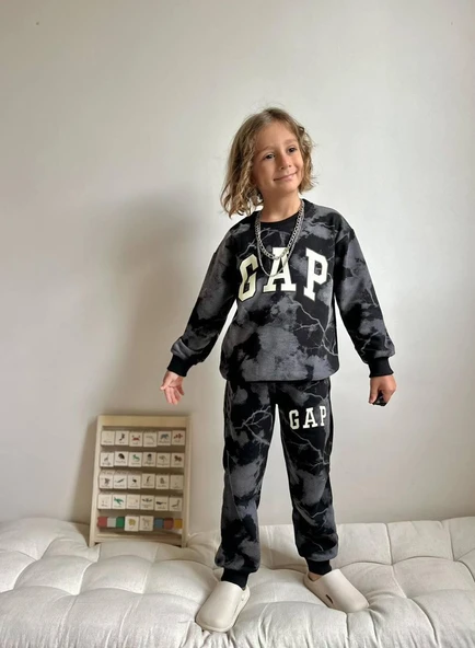 Cg Kids Şimşek Desen 3 Ip Süzüne Kumaş Siyah Gri Renk Erkek Çocuk Eşofman Takım Süper Kalite - 2