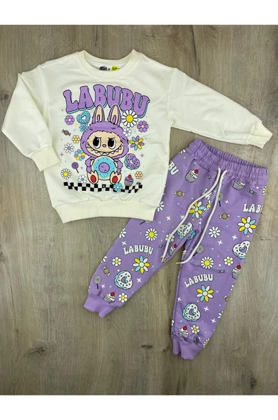 Cg Kids Labubu Donut Baskılı Lila Renk Eşofman Takımı 2 Iplik Kız Çocuk Alt Üst Takım - 3