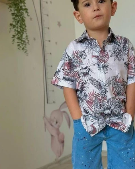 Cg Kids Yaprak Desenli Keten Gömlek Jean Kot Şort Erkek Çocuk Alt Üst Takım - 3