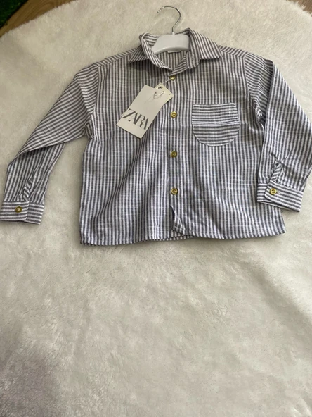 Keten Gri Beyaz Çizgili Erkek Çocuk Gömlek - 3