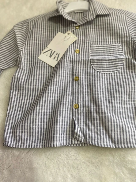 Keten Gri Beyaz Çizgili Erkek Çocuk Gömlek - 5