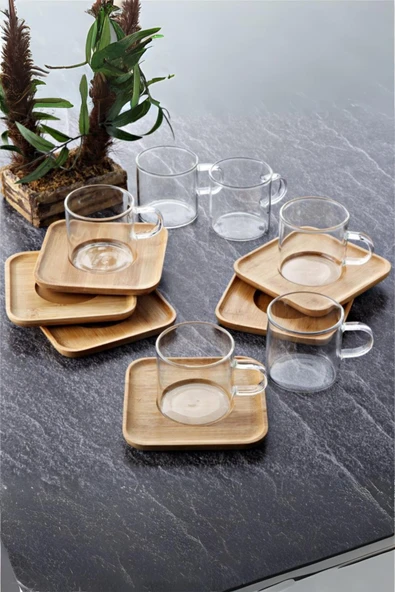 6 Lı Cam Çay Fincanı Seti Bambu Tabanlı 200 ml ürün görseli 1