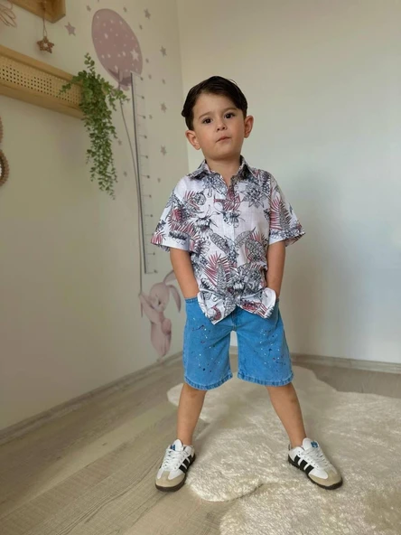 Cg Kids Yaprak Desenli Keten Gömlek Jean Kot Şort Erkek Çocuk Alt Üst Takım