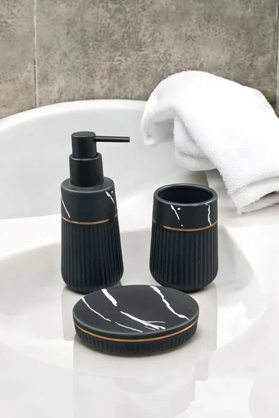 Siyah Mermer Desenli Seramik Banyo Seti 3 Parça ürün görseli 1
