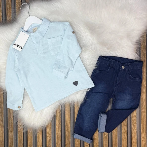 Cg Kids Gök Mavi Gömlek  & Lacivert Taşlanmış Jean Alt Üst Erkek Çocuk Takım - 2