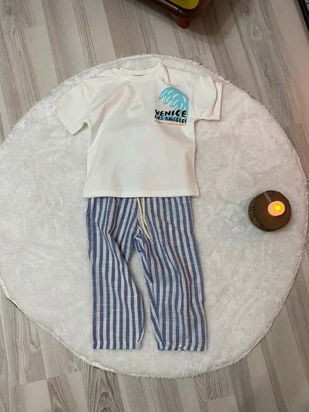 Cg Kids Ince Keten Çizgili Üst Pamuklu Sırt Baskı Detaylı Mükemmel Kaliteli Erkek Çocuk Alt Üst Takım - 2