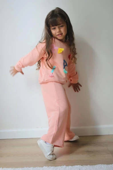 Cg Kids Paris Kabartma Baskılı Püsküllü Ispanyol Paça  Kız Çocuk Eşofman Takım