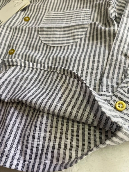 Keten Gri Beyaz Çizgili Erkek Çocuk Gömlek - 2