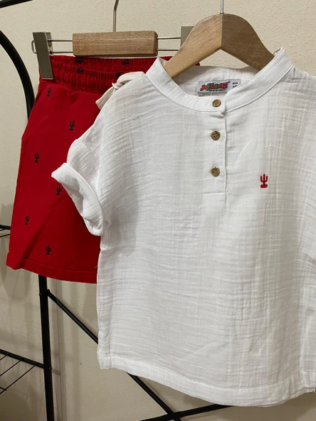 Cg Kids Kaktüs Nakışlı Müslin Hakim Yaka Gömlek Alt Ince Keten Kaktüs Baskılı Kırmızı Şort Erkek Çocuk Alt Üst Takım - 5