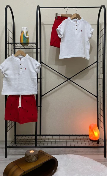 Cg Kids Kaktüs Nakışlı Müslin Hakim Yaka Gömlek Alt Ince Keten Kaktüs Baskılı Kırmızı Şort Erkek Çocuk Alt Üst Takım - 3