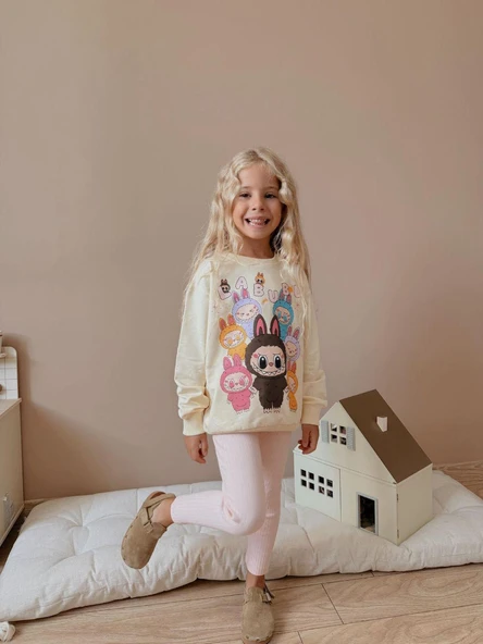 Labubu Baskılı Eşofman 2 Iplik Kız Çocuk Taytlı Alt Üst Takım