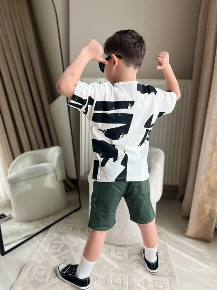 Cg Kids Siyah Desenli Basic Alt Yeşil Kargo Cepli Kot Şort Erkek Çocuk Alt Üst Takım - 3