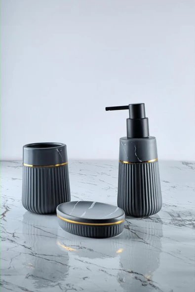 Siyah Mermer Desenli Seramik Banyo Seti 3 Parça - Resim 2