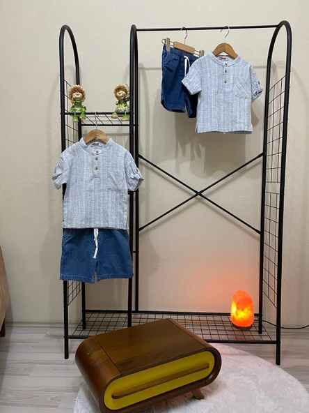 Cg Kids Hakim Yaka Gömlek Fitilli Alt Mavi Jean Kumaş Kot Şort Beli Lastikli Erkek Çocuk Alt Üst Takım - 5