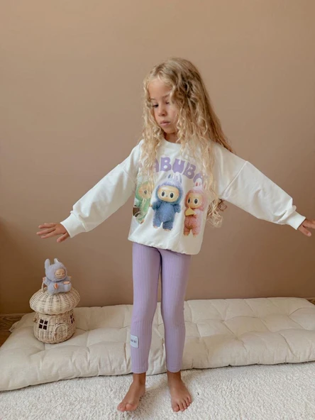 Cg Kids Labubu Lila Baskılı 2 Iplik Kız Çocuk Taytlı Alt Üst Takım - 3