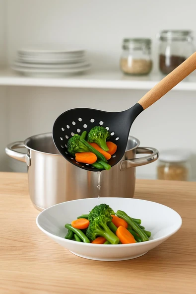 Bambu Saplı Siyah Silikon Kevgir 9×32×3 cm ürün görseli 1