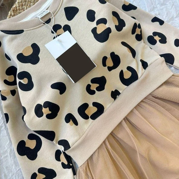 Leopar Desenli Kız Çocuk Tütü Etek Görünüm Üst Penye Mükemmel Kumaş Elbise - 4