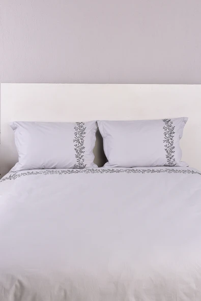 Yaprak İşlemeli Çift Kişilik Nevresim Takımı Gri %100 Pamuk - Resim 5