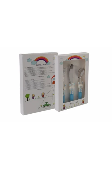 Porland Çocuklara Özel 3’lü Tavşan Figürlü Çatal Kaşık Bıçak Seti – Mavi - 3