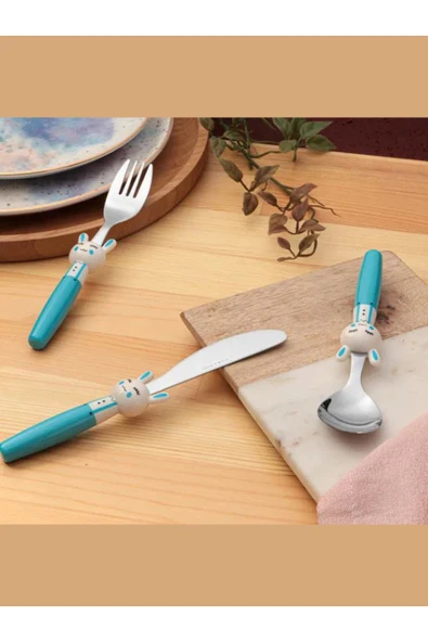 Porland Çocuklara Özel 3’lü Tavşan Figürlü Çatal Kaşık Bıçak Seti – Mavi