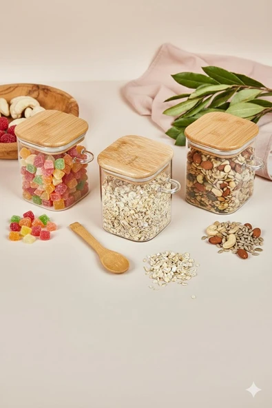 3’lü Kaşıklı Cam Kavanoz Seti Baharatlık Saklama Kavanozu 450 ml ürün görseli