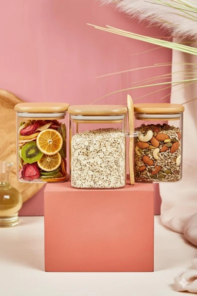 3’lü Kaşıklı Cam Kavanoz Seti Baharatlık Saklama Kavanozu 450 ml - Resim 2