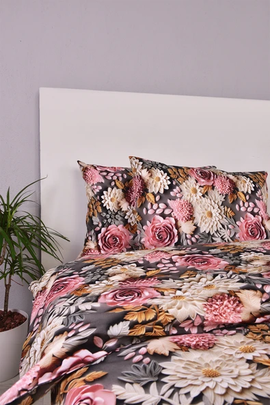 3D Çiçek Desenli Çift Kişilik Nevresim Takımı %100 Pamuk - Resim 5