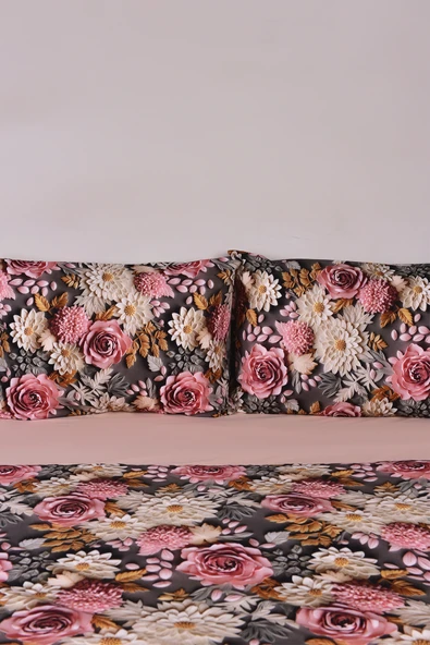 3D Çiçek Desenli Çift Kişilik Nevresim Takımı %100 Pamuk - Resim 3