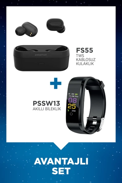 Polosmart FS55 Kablosuz Kulaklık + Polosmart PSSW13 Akıllı Bileklik Set Siyah