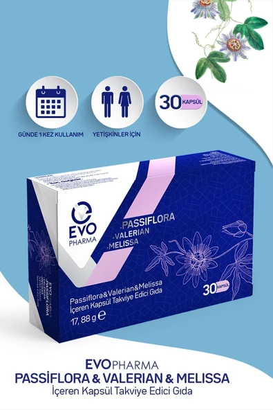 EVOPHARMA Passıflora & Valerian & Melissa İçeren Takviye Edici Gıda 30 Kapsül ürün görseli 1