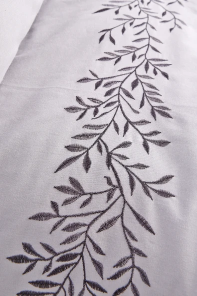 Yaprak İşlemeli Çift Kişilik Nevresim Takımı Gri %100 Pamuk - Resim 2