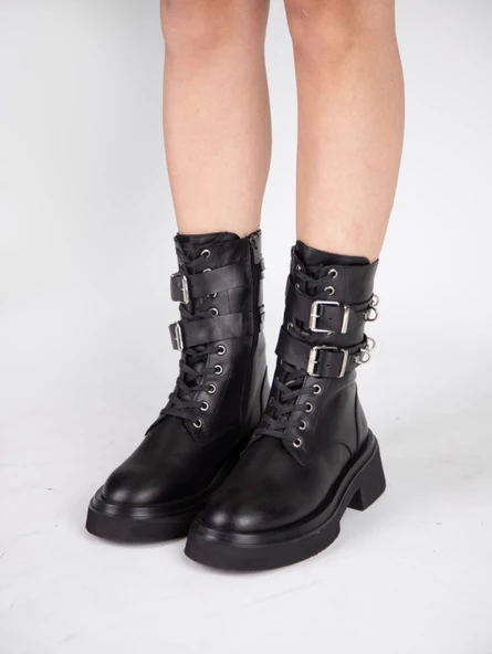 Stato - Siyah Hakiki Deri Fermuarlı Kadın Postal Bot ürün görseli