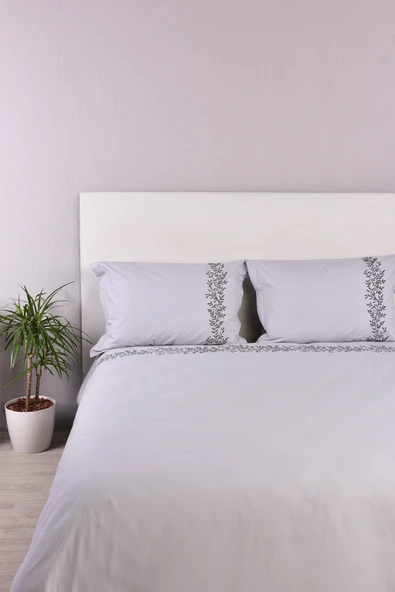 Yaprak İşlemeli Çift Kişilik Nevresim Takımı Gri %100 Pamuk - Resim 4