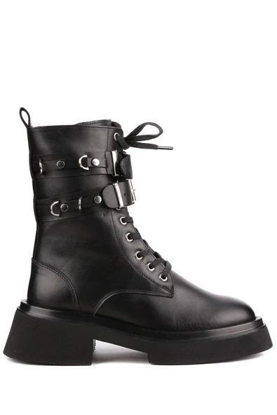 Stato - Siyah Hakiki Deri Fermuarlı Kadın Postal Bot - Resim 3