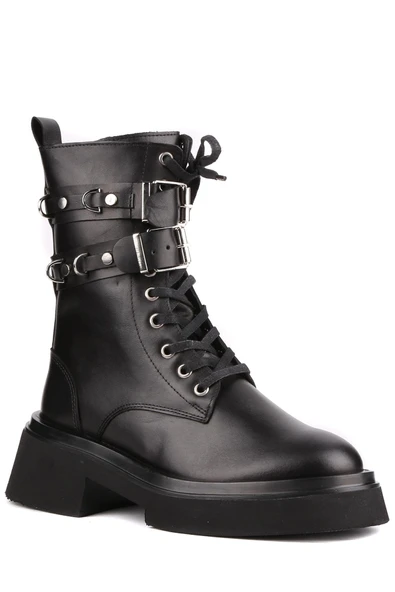 Stato - Siyah Hakiki Deri Fermuarlı Kadın Postal Bot - Resim 4