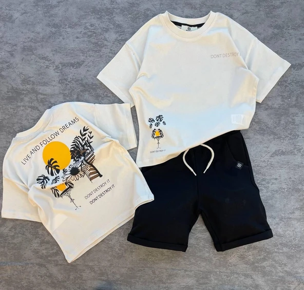 Cg Kids Tropical Palmiye Detaylı Yan Cepli Şort Erkek Çocuk Alt Üst Takım - 3
