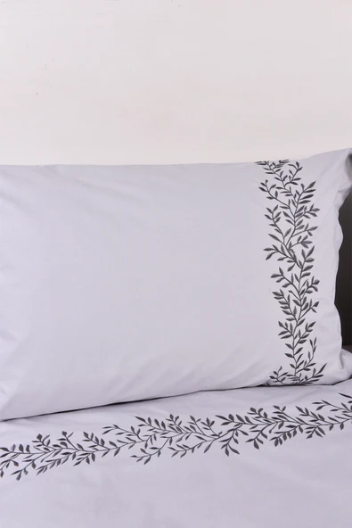 Yaprak İşlemeli Çift Kişilik Nevresim Takımı Gri %100 Pamuk - Resim 3