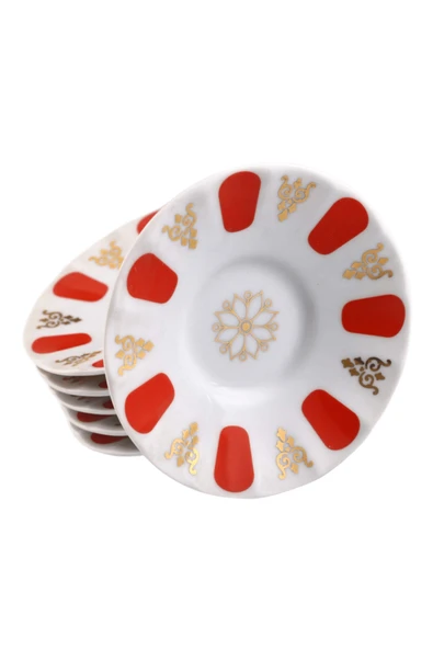Porland 6 Kişilik Porselen Ergonomi Çay Tabağı - Kırmızı Gold
