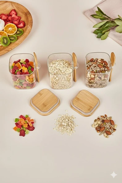 3’lü Kaşıklı Cam Kavanoz Seti Baharatlık Saklama Kavanozu 450 ml - Resim 3