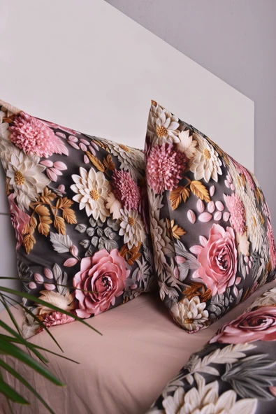 3D Çiçek Desenli Çift Kişilik Nevresim Takımı %100 Pamuk - Resim 2