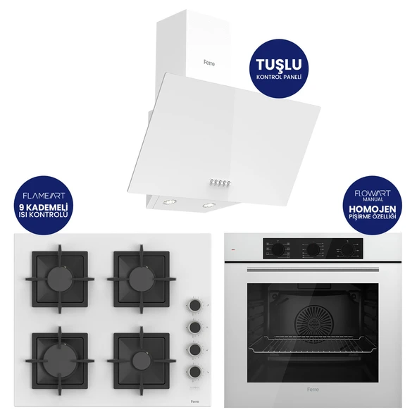 Flowart Turbolu Beyaz Cam Ankastre Set ( Kaymaz Döküm Izgara ) QBL62CB - SC206 - D087 ürün görseli 1