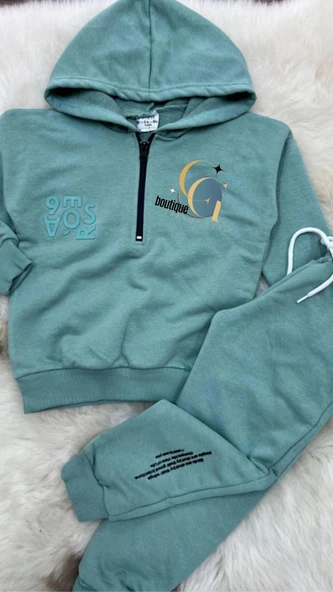 Yeşil Yarı Fermuarlı Silikon Kabartma Baskılı Eşofman Takım - 2